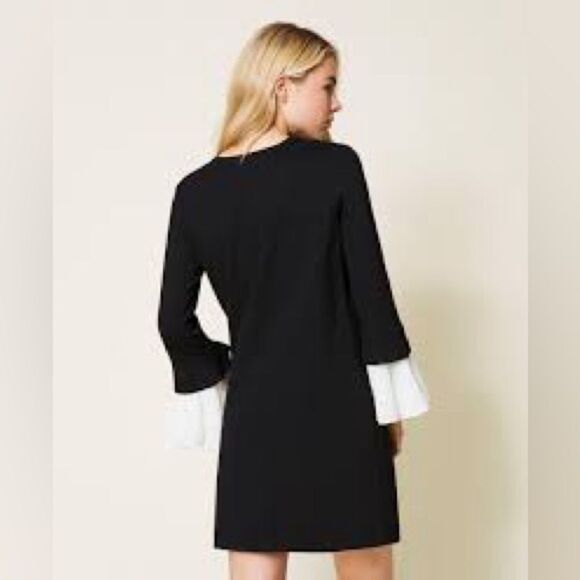 Trendyol Black Dress with White Sleeve Accents and Floral Embroidered Front - Picture 1 of 4